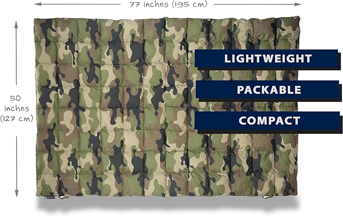 Down Camping Blanket - Puffy, Packable, Lightweight and Warm | Ideal for Outdoors, Travel, Stadium, Festivals, Beach, Hammock | 650 Fill Power Water-Resistant Backpacking Quilt