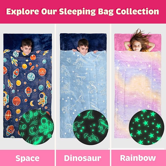 Kids Sleeping Bag for Boys & Girls - Glow in The Dark for Ages 3+, Large With Pillow Pocket, Extra Soft Toddler Blanket (66" x 33")