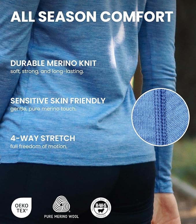 Merino.tech Merino Wool Base Layer Women Set - Heavyweight, Lite, Midweight Merino Thermal Underwear For Women Top, Bottom
