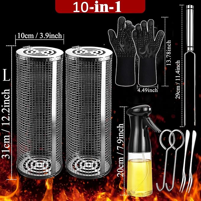 Rolling Grilling Baskets for Outdoor Grill Bbq Net Tube Stainless Steel Lid Large Round Mesh Barbecue Wire Cylinder Cage Picnic Must Haves Tools Food Cooking Basket for Veggies Vegetable Fish Meat