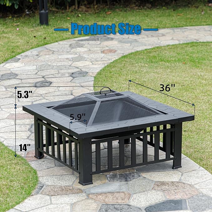 Multifunctional Fire Pit Table 36 inch Square Metal Firepit Stove Backyard Patio Garden Fireplace for Camping, Outdoor Heating, Bonfire and Picnic