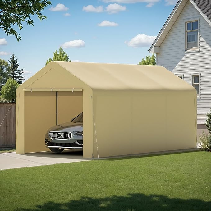 Carport, 10‘ x 20’ Heavy Duty Portable Garage All-Season Car Canopy w/Removable Sidewall & Doors, Carport Canopy Party Tent w/Water-Resistant Tarp for Backyard (Yellow, 10‘ x 20’)