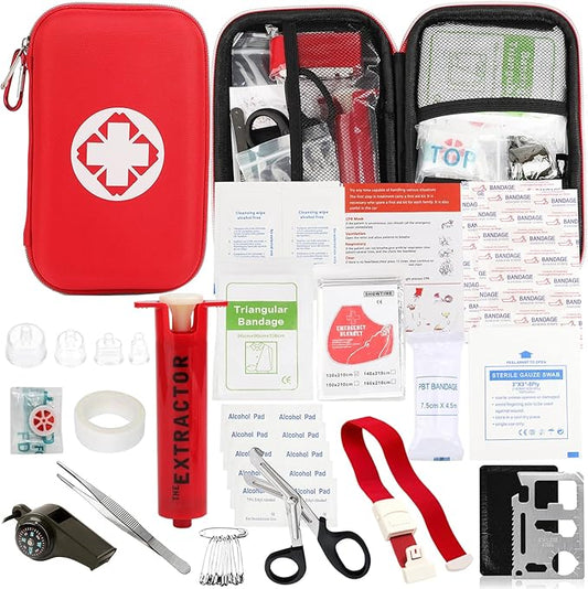 Snake Bite Kit, Bee Sting Kit, Emergency First Aid Supplies, Venom Extractor Suction Pump, Bite and Sting First Aid for Hiking, Backpacking and Camping. Includes Bonus CPR face Shield (Red)