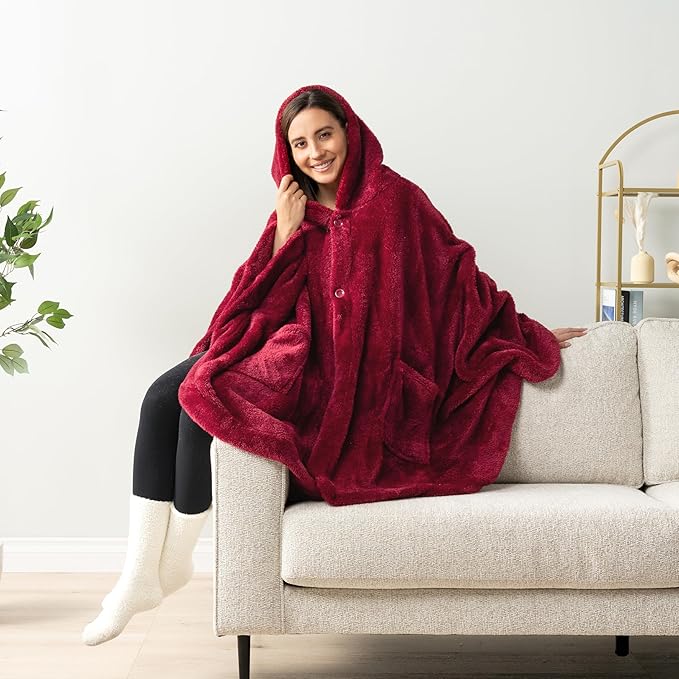 PAVILIA Angel Wrap Hooded Blanket Poncho, Wearable Blanket Throw Wrap Poncho for Women Adult, Cozy Fluffy Sherpa Fleece Shawl Cape with Hood pockets, Warm Gift for Mom Wife, Wine Red