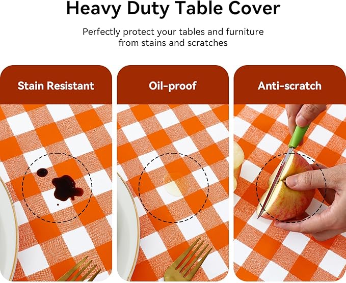 Romanstile Rectangle Vinyl PVC Tablecloth, 100% Waterproof Buffalo Plaid Plastic Table Cloth, Oil Proof Heavy Duty Wipeable Table Covers for Dining/Camping/Picnic/Outdoor - 54 x 120, Orange and White