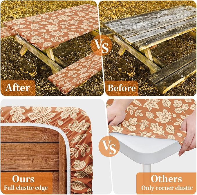 Picnic Table Cover with Bench Covers Elastic Edges, Fall Yellow Fitted Table Cover, Outdoor Patio Camping Essentials 72 Inch 3PCS, Waterproof Camping Fitted Tablecloth with Drawstring Bag