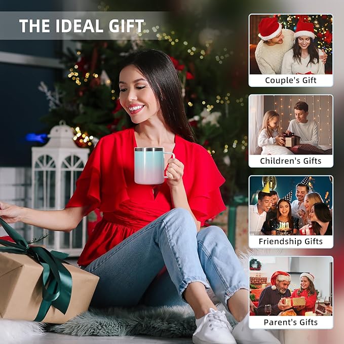 Volhoply 14oz Insulated Stainless Steel Coffee Mug with Lid Bulk 4 Pack,Double Wall Vacuum Travel Coffee Cup with Handle,Reusable Cups Tumbler,Camping Mugs Keep Hot,Ideal Gifts(Green Pink,4)