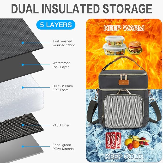 Tuguan Small 12 Can Cooler Bag Double-Layer Premium Portable Insulated Leakproof Lunch Bag Box with Ice Pack Mini Ice Chest Travel Soft Side Cooler for Picnic Hiking Beach Camping
