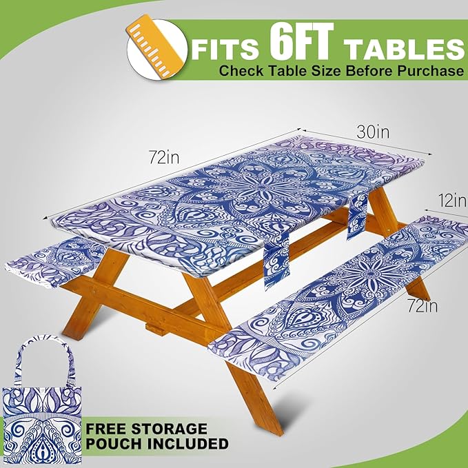 Picnic Table Cover with Bench Covers Vinyl Elastic Edges Fitted Rectangle Seat Tables Waterproof 3-Piece72X30in Set Outdoor Rectangular Folding Backing Tablecloth for Camping Over SizeTie-Dye117