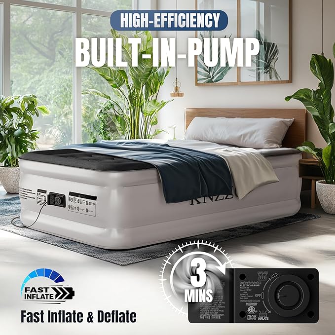 Twin Air Mattress with Built-in Pump, 18" Top Inflatable Mattress with Waterproof Flocking Fabric, Three-Minute Quick-Inflatable Bed. Portable Blow Up Mattress for Home, Outdoor and Guests