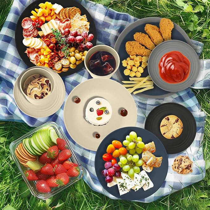 40Pack plates and bowls sets for dinner - Unbreakable wheat straw dinnerware sets service for 8 - Alternative plastic 40pcs dish sets for camping,picnic and R.V. - (Black & Grey)