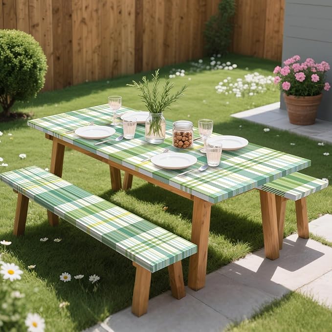 Green Picnic Table Cover with Bench Covers, 3 Pcs Waterproof Elastic Picnic Table Cover Outdoor Camping Essentials, Windproof Fitted Tablecloth for Indoor Outdoor (Plaid, 60X30 Inch)
