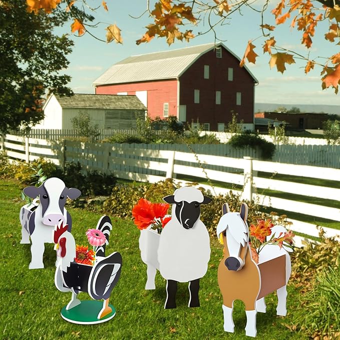 Pet Flower Pots 4 Pcs Farm Animals Series Rooster/Horse/Cow/Sheep Outdoor Planters for Outdoor/Indoor Garden Decoration, Cute,Surprise Gifts/Souvenirs for Pet Lovers
