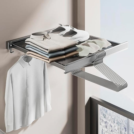 Wall Mounted Drying Rack with Net - Laundry Drying Rack for Shoes, Socks, Underwear - Folding, Retractable, Collapsible