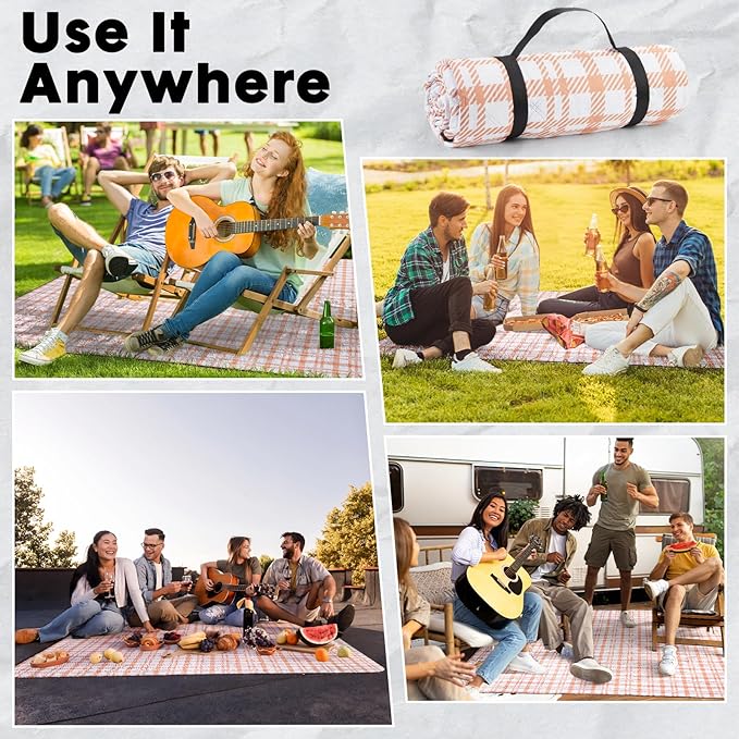 Picnic Blanket 80''x80'' Extra Large Outdoor Blanket, Waterproof, Sandproof, Machine Washable, Tear Resistant, Foldable Picnic Mat for Camping, Grass, Park, Travel, Beach – Orange