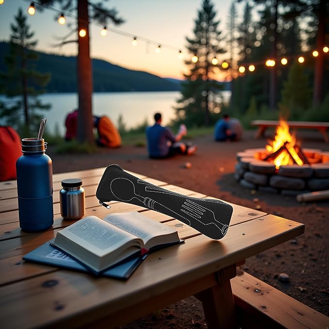 Black Portable Tableware Bag Outdoor Travel Camping Cutlery Pouch Storage Bag Flatware Tableware Dinnerware Carrying Case for Knife, Fork, Spoon, Tea Spoon, Chopsticks, Bottle Opener, Straws Flatware