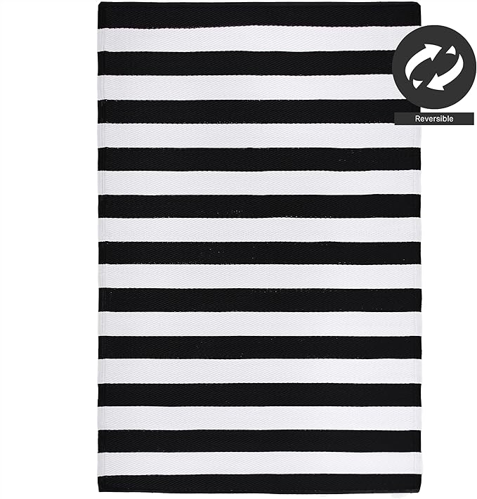 FH Home Outdoor Camping Rug - Waterproof, Fade Resistant, Reversible - Premium Recycled Plastic - Striped - Patio, Deck, Sunroom, RV - Brittany Stripe - Black & White - 5 x 8 ft Foldable