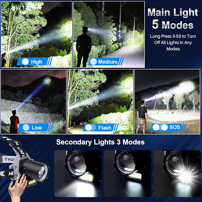 Bud K Rechargeable LED Headlamp, 6000 Lumens Super Bright Headlamp Flashlight with Motion Sensor, 8 Modes, 135°Adjustable, IPX7 Waterproof Head Lamp for Camping, Running, Climbing, Hiking