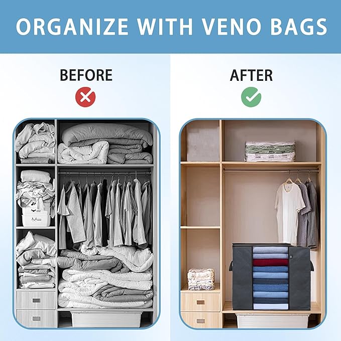 VENO 3 Pack Clothes Storage Bag Organizer with Reinforced Handle Thick Fabric for Comforters, Blankets, Bedding, Foldable with Sturdy Zipper, Clear Window, Reusable (Tall 24 Gallon)
