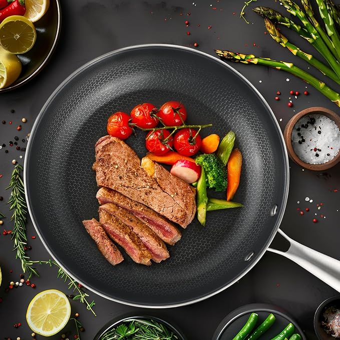 Stainless Steel Nonstick Frying Pan, Hybrid Ceramic 12-Inch Frying Pans, Stay-Cool Handle, PFAS & PFOA PTFE Free, Dishwasher & Oven Safe, Scratch-Resistant, Compatible with Induction & All Cooktops