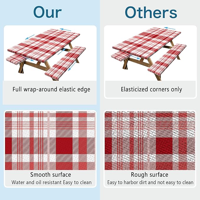Red Picnic Table Cover with Bench Covers, 3 Pcs Waterproof Elastic Picnic Table Cover Outdoor Camping Essentials, Windproof Fitted Tablecloth for Camping, Indoor, Outdoor (Plaid, 60X30 Inch)