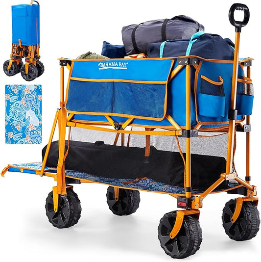 400L Collapsible Double Decker Wagon,Folding Cart with 54" Lower Decker,Heavy Duty Utility Wagon Cart with All-Terrain Big Wheels for Outdoor,Camping,Shopping,Garden