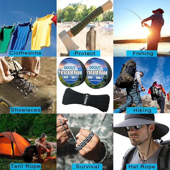 Paracord Nylon Rope with 7-Strand Core, 10 Colors and 50/100/200 ft, Type III Parachute Cord 4mm for Camping, Survival, Hiking, DIY, Crafting, Outdoor Utility Black 100ft