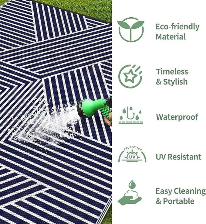 GENIMO Outdoor Rug for Patio Clearance,6'x9' Waterproof Mat,Reversible Plastic Camping Rugs,Rv,Deck,Porch,Camper,Balcony,Backyard (Blue & White)