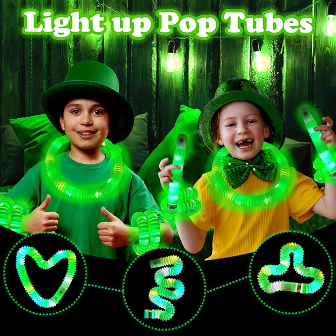 Green Glow Sticks Party Favors for Kids 24 PCS,LED Light up Pop Tubes for Toddlers, Neon Necklaces Bracelets Accessories, Glow Birthday Wedding Dance Party Supplies Camping Toys Decorations