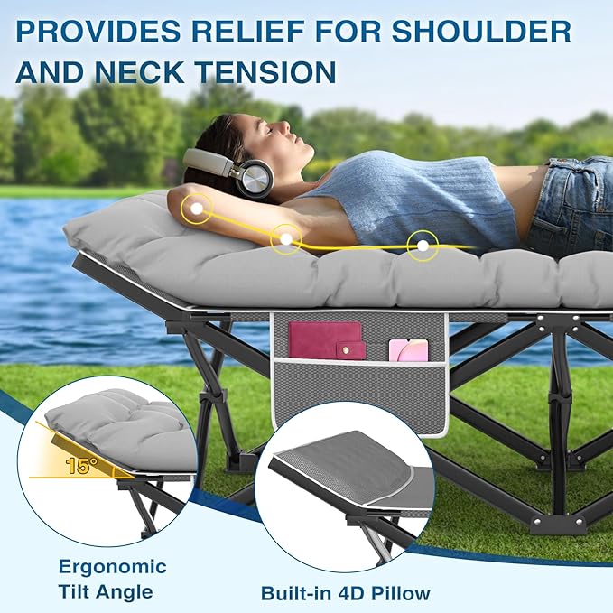ZENPETIO Camping Cots for Adults, Portable Folding Sleeping Cot with Carry Bag, 1200D Double Layer Oxford Ultra Soft Cot Bed with Mattress, Tent Cot for Travel Office Hospital, Support 500lbs, Gray