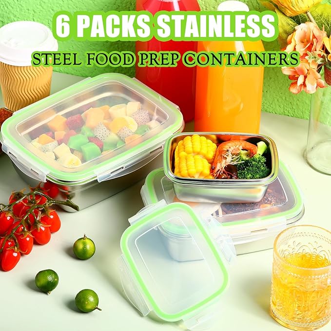 Nuanchu 6 Packs Stainless Steel Food Storage Containers Airtight Metal Food Containers Meal Prep Container Leak Proof Stackable Bento Lunch Box with Lids for Kitchen Travel Picnic and Camping(Green)