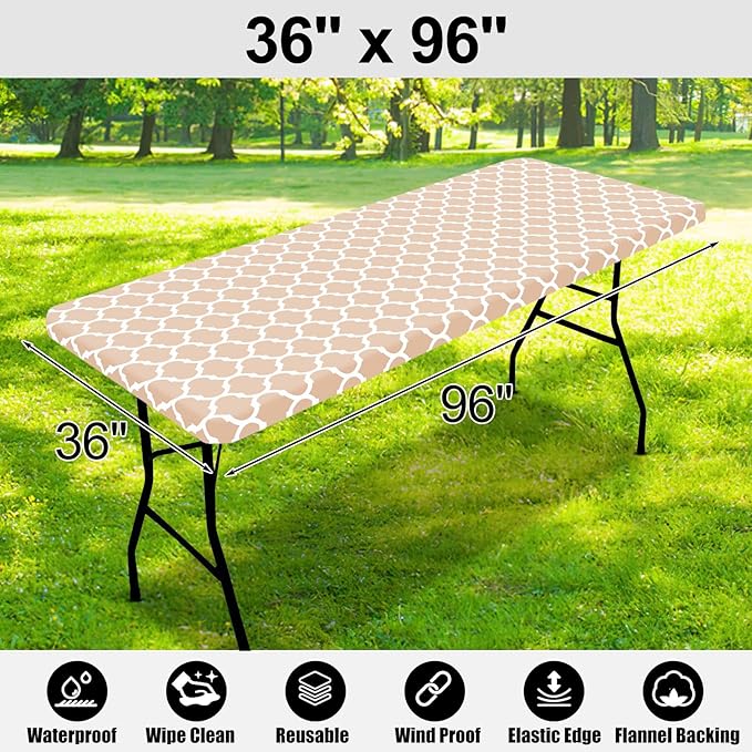 Smiry Rectangle Picnic Table Cover, Waterproof Elastic Fitted Camping Tablecloths for 8 Foot Tables, Wipeable Flannel Backed Vinyl Tablecloth Protector for Indoor, Outdoor (Khaki, 36x96 Inches)