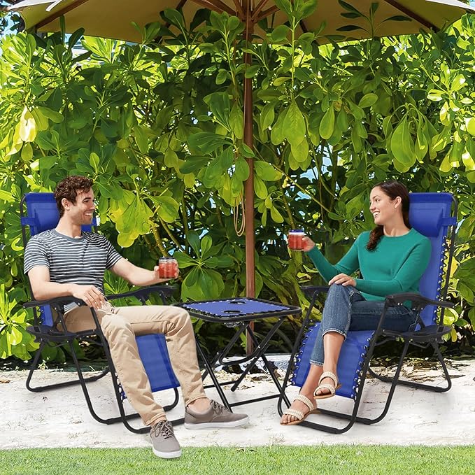 MoNiBloom 3 Pack Lounge Beach Chairs for Outside, Zero Gravity Camping Chairs with Side Table, Pillow and Tray, 330lbs Capacity, Blue