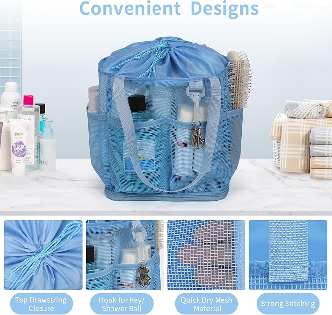Mesh Shower Caddy Portable for College Dorm Room Essentials, Shower Tote Bag with Hanging Hook and Drawstring, Quick Dry Toiletry Bag with 6 Pockets for Bathroom, Swimming, Gym, Camping, Beach, Travel