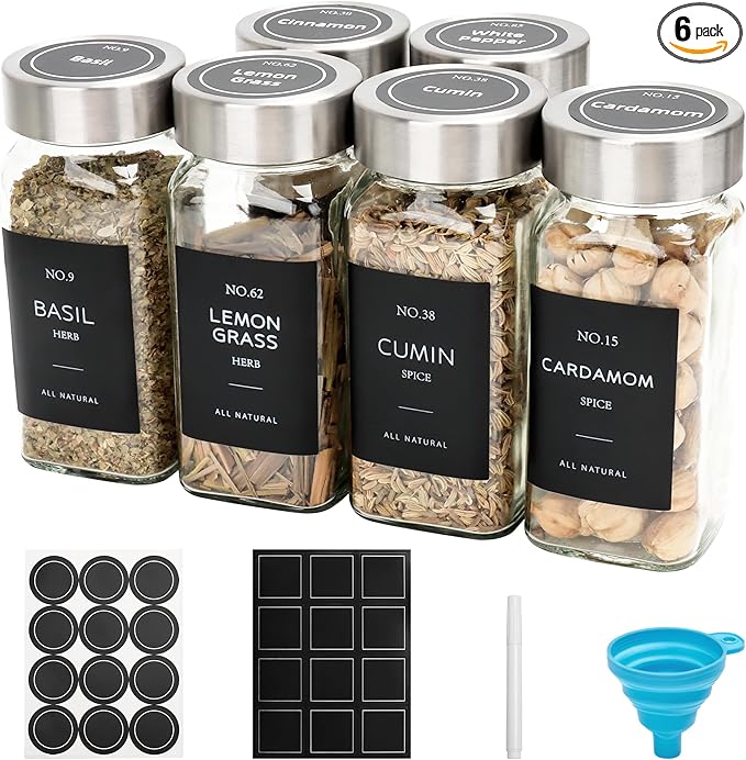 6 Pcs Glass Spice Jars with Label, 4oz Spice Jars with Lids, Seasoning containers Set, Comes with spice bottle caps, Silicone Collapsible Funnel,chalk, for Spice Rack, Cabinet, Drawer