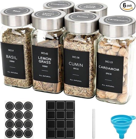 6 Pcs Glass Spice Jars with Label, 4oz Spice Jars with Lids, Seasoning containers Set, Comes with spice bottle caps, Silicone Collapsible Funnel,chalk, for Spice Rack, Cabinet, Drawer