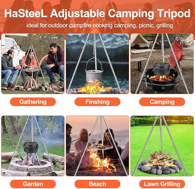 HaSteeL Camping Tripod for Outdoor, Adjustable Portable Cooking Tripod with 17”Folding Grill Grate, Stainless Steel Campfire Grill Stand Hanger for Dutch Oven Hunting Beach BBQ Fire Pit, Easy Assemble