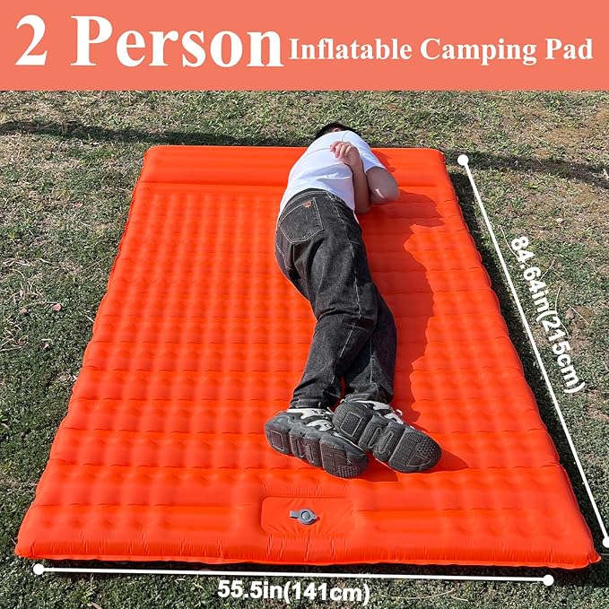 Double Camping Sleeping Pad 2 Percon, Ultralight Camping Mat with Pillow Built-in Foot Pump Inflatable Sleeping Pads Compact for Hiking Traveling Tent