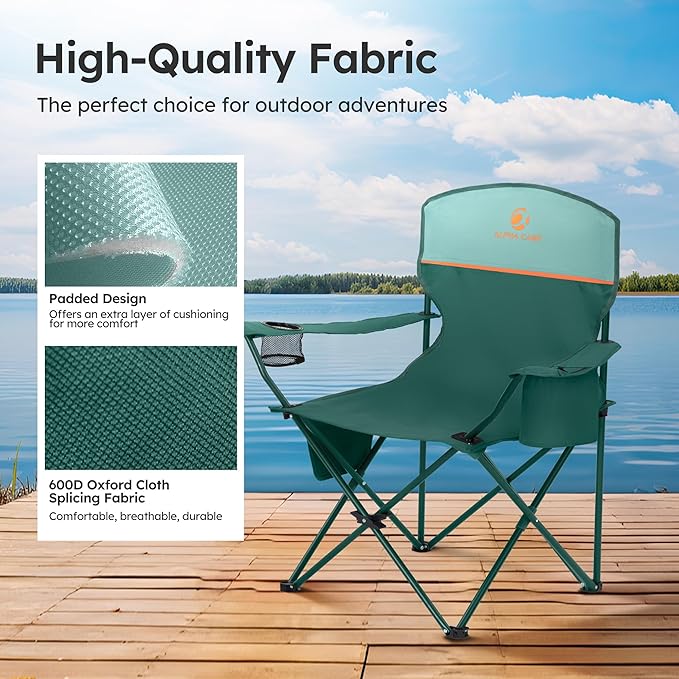 LET'S CAMP Camping Chair 2 Pack Folding Chair with 3-Can Cooler Bag Portable Lawn Chair with Cup Holder,Storage Pocket, Supports 225LBS, Collapsible Chair for Camp, Beach, Picnic (Green)