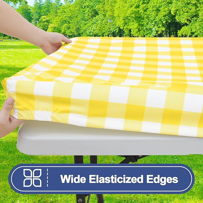 Smiry Picnic Table Cover with Bench Covers, Waterproof Elastic Fitted Tablecloths for 6 Foot Rectangle Tables, Washable Buffalo Plaid Tablecloth for Camping, Outdoor (Yellow & White, 30"x72")