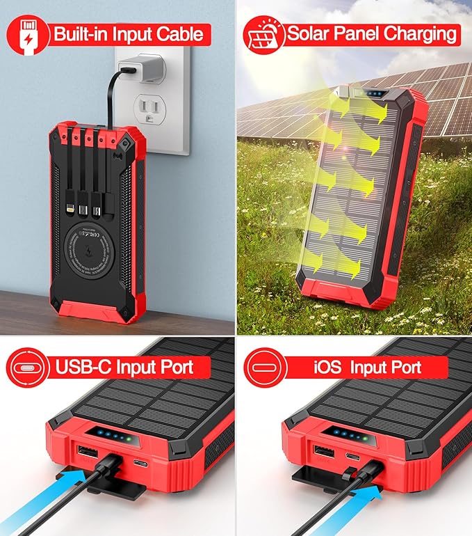 GOODaaa Power Bank Wireless Charger 36000mAh Built in 4 Cables Six Outputs 15W Fast Charging Power Bank for All Mobile Devices Three Inputs Solar Portable Charger with Dual Flashlights, Carabiner