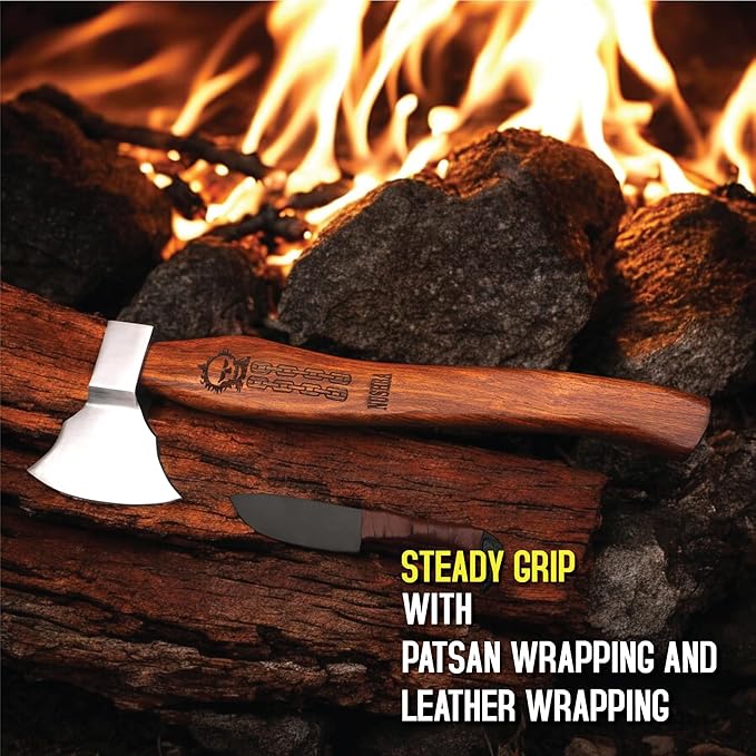 Bearded Viking Axe with Gift Viking Knife Also Leather Sheath | HandForged Carbon Steel bushcraft Hatchet | Vikings Heaven Valhalla (Throwing, Camping, Splitting, Chopping, Hiking) (Axe - 01)