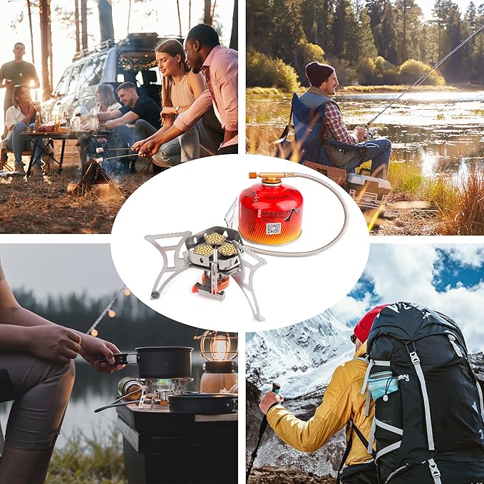 6800W Camping Stove with Fuel Canister Adapter Portable Backpacking Gas Stove with Piezo Ignition, 1LB Propane Tank Adapter, Butane Adapter for Outdoor Cooking, Picnic, Camping and Hiking