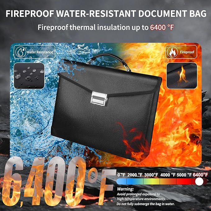 Fireproof Document Bag 14.5"X11"X2.5" Fireproof Money Bag for Cash With Lock and Zipper,Fire&Waterproof Storage Organizer Pouch for Valuables,Legal Document,Laptop,Passport,(Black)