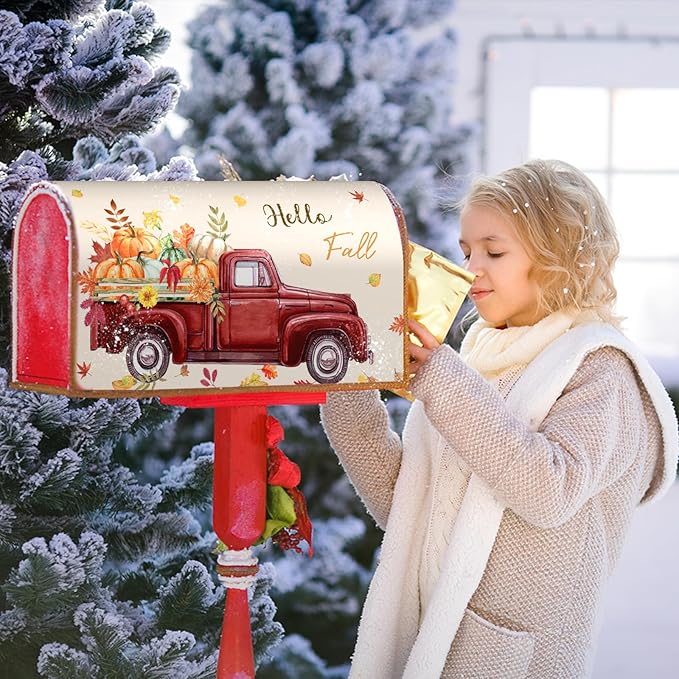 Hello Fall Mailbox Cover Magnetic Autumn Pickup Truck with Pumpkins Letter Box Cover Oversized Size 25.5x21 Inch Happy Harvest Festival Thanksgiving Decorative Post Box Covers for Garden Yard