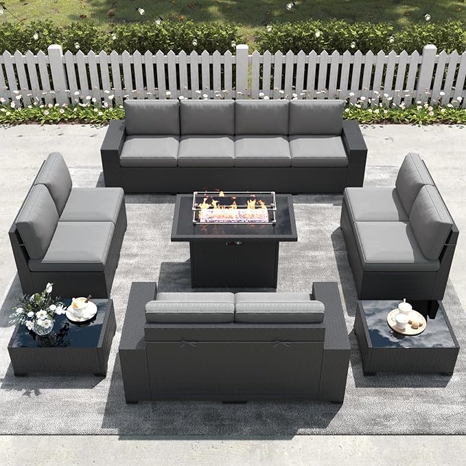 LayinSun 13 Pieces Outdoor Patio Furniture Set with 44" Fire Pit Table Rattan Sectional Sofa Conversation Sets