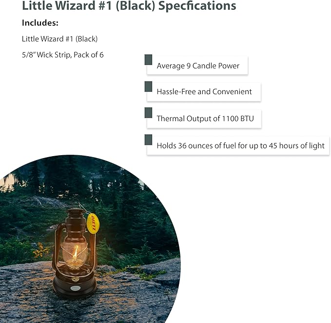 Light of Mine - Dietz #01 Little Wizard Black with Gold Trim Oil Lantern with 5/8" Replacement Wick Strips (#01, B & G)