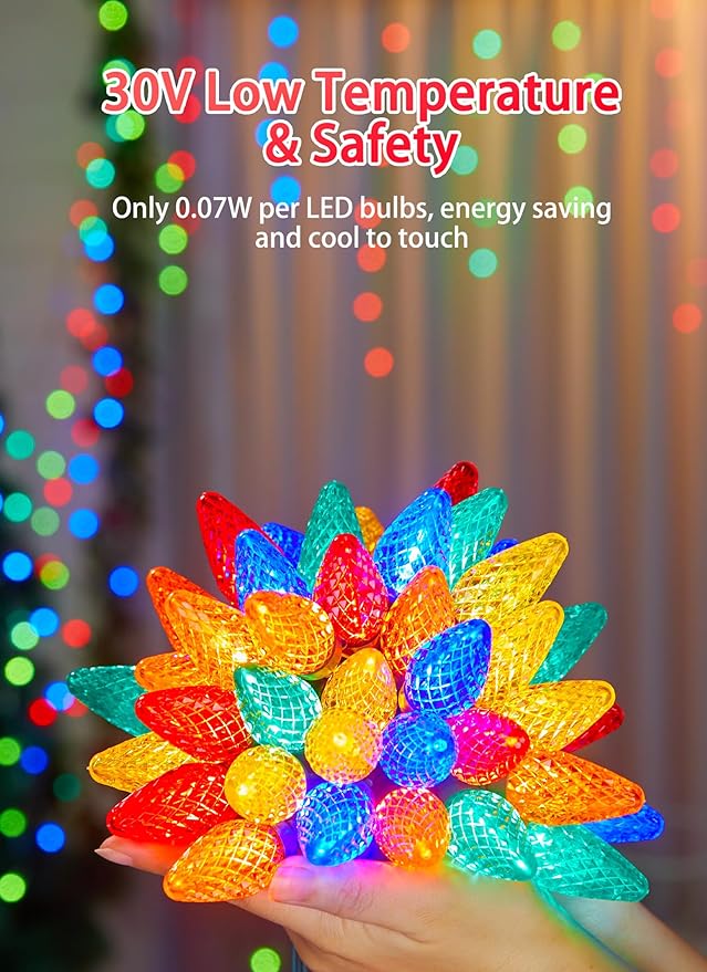 C9 LED Christmas Lights Outdoor, 81 Feet 100 LED String Lights with Timer & 8 Lighting Mode, Waterproof Commercial Grade Christmas Tree Lights for Outside Indoor Roofline Patio, Multicolor 2 Pack