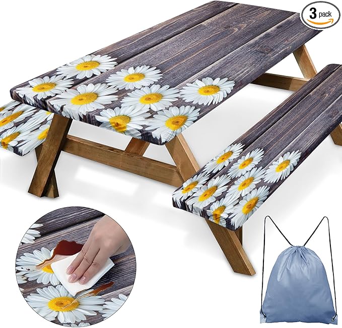 Picnic Table Cover with Bench Covers Elastic Edges, Chamomile Flower Fitted Table Cover, Outdoor Patio Camping Essentials 72 Inch 3PCS, Waterproof Camping Fitted Tablecloth with Drawstring Bag