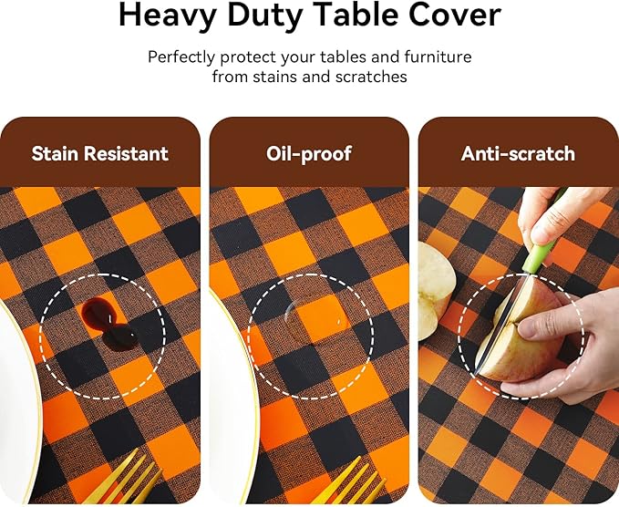 Romanstile Fall Halloween Rectangle Vinyl PVC Tablecloth, 100% Waterproof Buffalo Plaid Plastic Table Cloth, Heavy Duty Wipeable Table Covers for Camping/Picnic/Outdoor - 54 x 120, Black and Orange